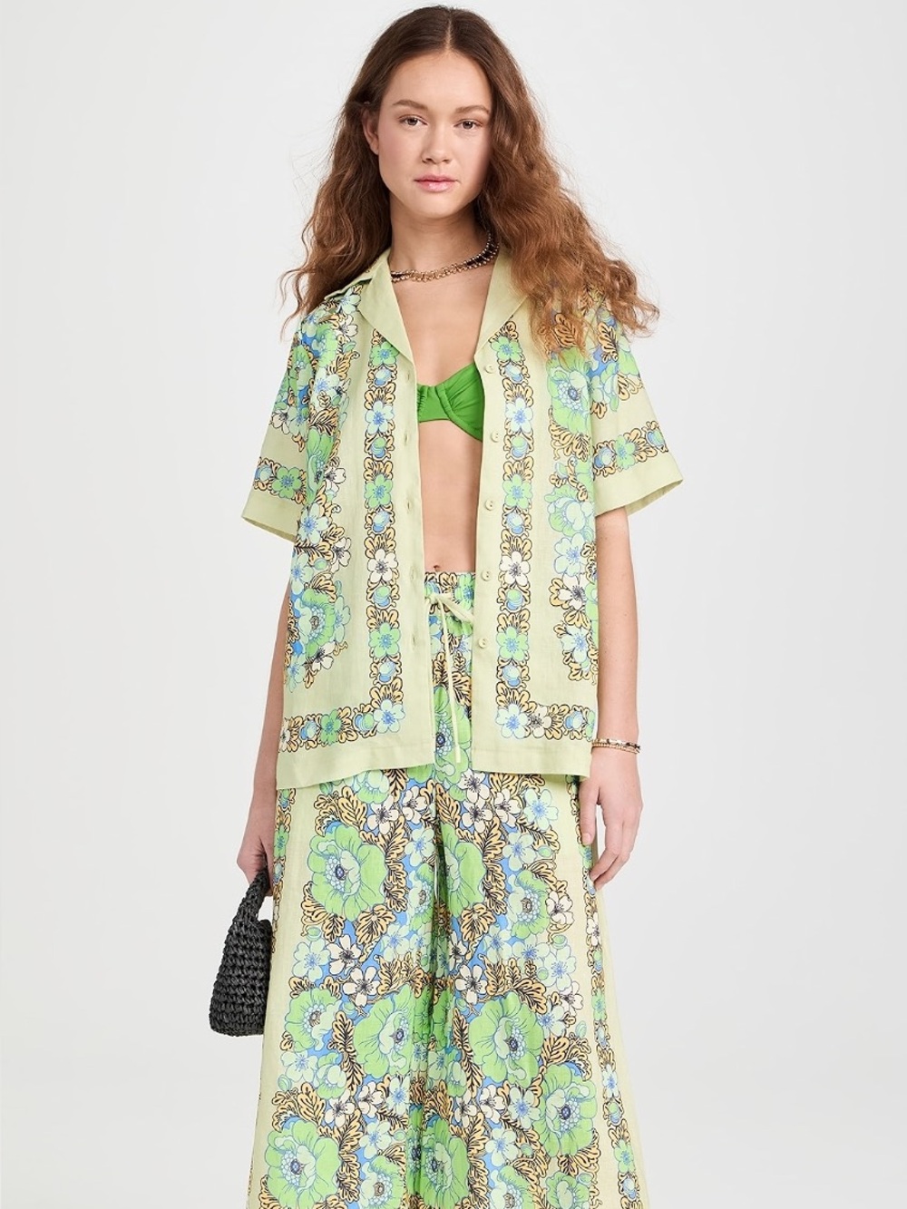 Alémais Velma Oversized Seafoam Floral Linen Button-Up Shirt Size US 2 (AU 6)